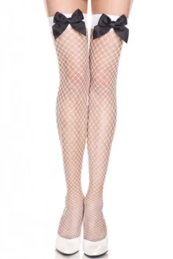 Bas Blancs Résille Filet Noeuds Satinés Noirs Autofixants