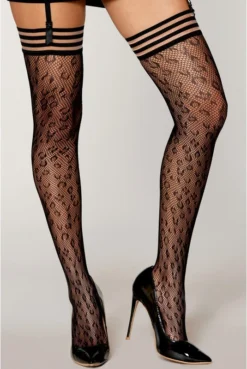 Bas Résille Motif Léopard Jarretières Noires Et Transparentes
