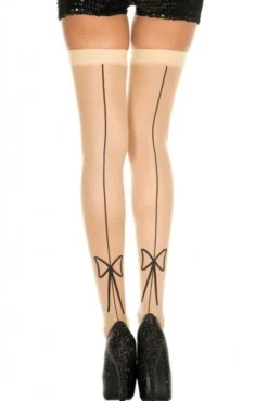 Bas Sexy Beige Effet Couture Et Noeud Autofixants