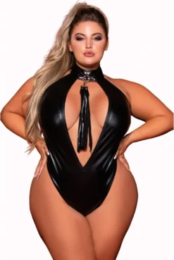 Body Fetish Grande Taille Simili Cuir Extensible Col Clouté Et Fouet