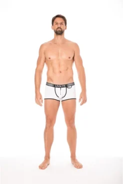 Boxer Mini-Pants Blanc Echancré Zip -L’Éveil Sensuel Soldes boxer mini pants blanc echancre zip 3