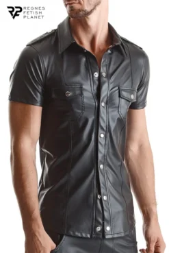 Chemise Fetish Homme Manches Courtes Wetlook Noire Luca