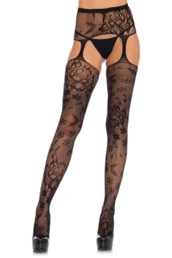 Collant Porte Jarretelles Taille Haute Dentelle Florale