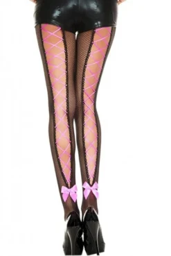 Collant Résille Noir Laçage Rose Corset Et Noeud