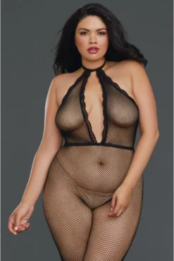 Combinaison Grande Taille Bodystocking Résille Decolleté Plongeant