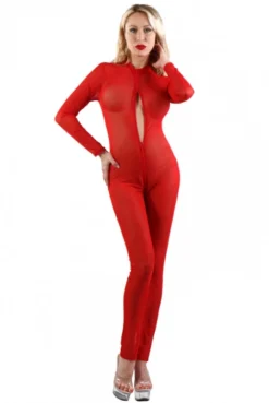 Combinaison Micro Résille Transparente à Zip Rouge
