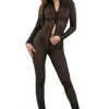 Combinaison Micro Résille Transparente Rayée à Zip Noire