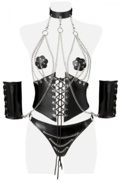 Corset Simili Cuir Chaines Ensemble 4 Pièces -L’Éveil Sensuel Soldes corset simili cuir chaines ensemble 4 pieces 3