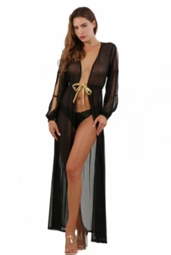 Déshabillé Long Transparent Noir Micro Résille Noué Doré -L’Éveil Sensuel Soldes deshabille long transparent noir micro resille noue dore 2