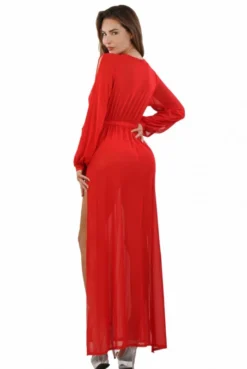 Déshabillé Long Transparent Rouge Micro Résille Noué Doré -L’Éveil Sensuel Soldes deshabille long transparent rouge micro resille noue dore 2