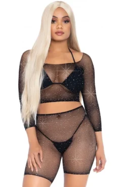 Ensemble Résille Strass Cycliste Et Top Manches Longues Noir -L’Éveil Sensuel Soldes ensemble resille strass cycliste et top manches longues noir 2