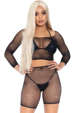 Ensemble Résille Strass Cycliste Et Top Manches Longues Noir