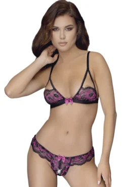 Ensemble Sexy Soutien Gorge Dentelle Bicolore Et Culotte Ouverte