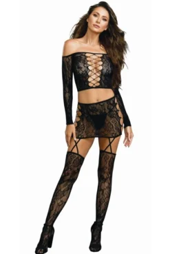 Ensemble Top Et Jupe Jarretelles Et Bas Extensible -L’Éveil Sensuel Soldes ensemble top et jupe jarretelles et bas extensible 3