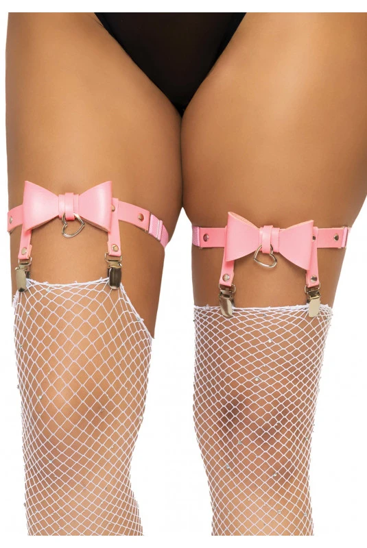 Jarretières Noeud Coeur Rose Cuir Végétalien 1 Jarretières Noeud Coeur Rose Cuir Végétalien