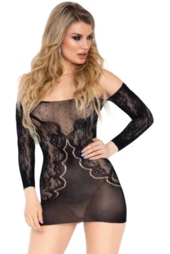 Mini Robe Lingerie Transparente Motif Dentelle Manches Longues -L’Éveil Sensuel Soldes mini robe lingerie transparente motif dentelle manches longues 2