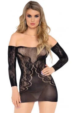 Mini Robe Lingerie Transparente Motif Dentelle Manches Longues