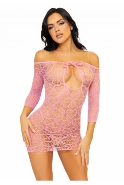 Mini Robe Sexy Résille Coeur Rose Manches Longues
