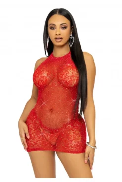 Mini Robe Sexy Rouge Dentelle Résille Et Strass
