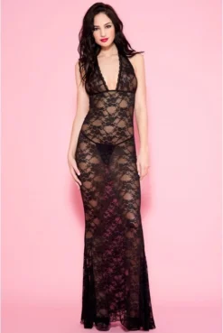 Nuisette Longue Déshabillé Dentelle Florale Noire