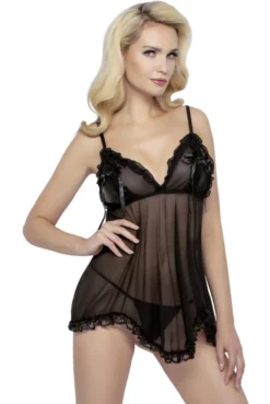 Nuisette Transparente Résille Et Dentelle Noire String
