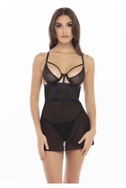 Nuisette Transparente Résille Noire String Assorti