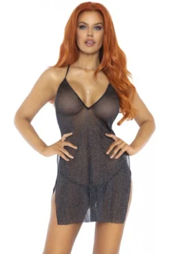 Robe Courte Transparente Fendue Lurex Argent Et Noir