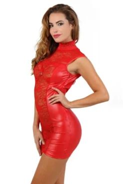 Robe Fetish Dentelle Et WetLook Rouge -L’Éveil Sensuel Soldes robe fetish dentelle et wetlook rouge 2