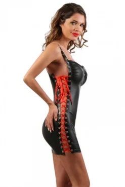 Robe Fetish WetLook Noir Cotés Laçage Rouge