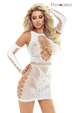 Robe Lingerie Ultra Sexy Papillon Et Mitaine Résille Blanche