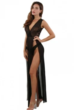 Robe Longue Micro Résille Dentelle Noire Ultra Fendue -L’Éveil Sensuel Soldes robe longue micro resille dentelle noire ultra fendue 2