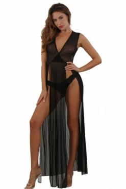 Robe Longue Micro Résille Dentelle Noire Ultra Fendue