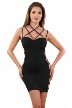 Devant -L’Éveil Sensuel Soldes robe noire clubwear cote ouverts lacee 1