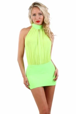 Robe Sexy Courte Transparente Dos Nu Micro Résille Vert Fluo