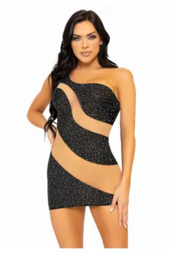 Robe Sexy Noire Asymétrique En Spandex Ornée De Strass