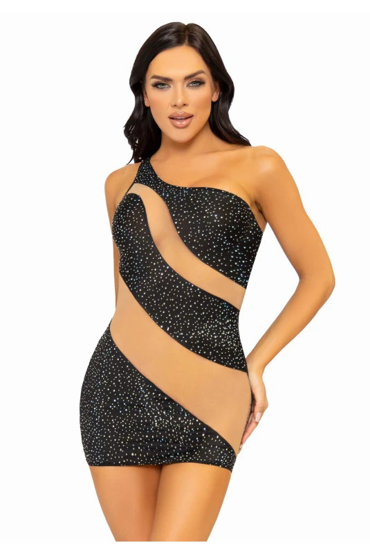 Robe Sexy Noire Asymétrique En Spandex Ornée De Strass 5 Robe Sexy Noire Asymétrique En Spandex Ornée De Strass – Image 5
