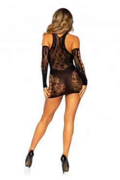 Robe Sexy Noire Dentelle Et Résille Avec Gants Longs Assortis -L’Éveil Sensuel Soldes robe sexy noire dentelle et resille avec gants longs assortis 5