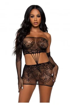 Robe Tube Sexy Noire Et Gants Dentelle Résille