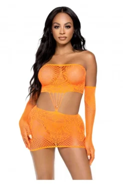 Robe Tube Sexy Orange Et Gants Dentelle Résille