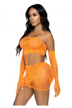 Robe Tube Sexy Orange Et Gants Dentelle Résille -L’Éveil Sensuel Soldes robe tube sexy orange et gants dentelle resille 3