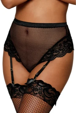 String Panty Résille Taille Haute Jarretelles Noir -L’Éveil Sensuel Soldes string panty resille taille haute jarretelles noir 3