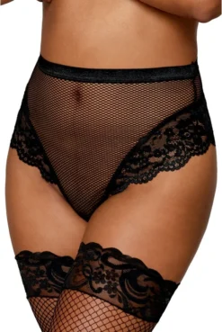 String Panty Résille Taille Haute Jarretelles Noir -L’Éveil Sensuel Soldes string panty resille taille haute jarretelles noir 4
