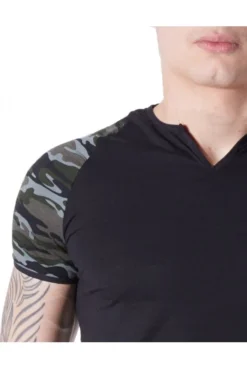 T Shirt Noir Sexy Manches Camouflage Col Rond Ouvert -L’Éveil Sensuel Soldes t shirt noir sexy manches camouflage col rond ouvert 2