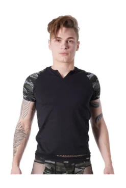 T Shirt Noir Sexy Manches Camouflage Col Rond Ouvert
